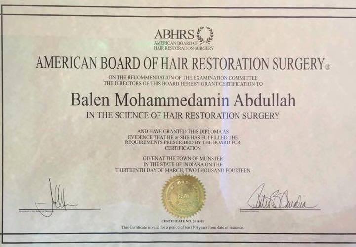 ABHRS Zertifikat für Haartrasnplantation