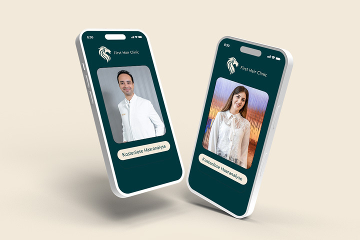 Zwei iPhones nebeneinander mit Bildern von Dr. Besrour und Expertin der First Hair Clinic